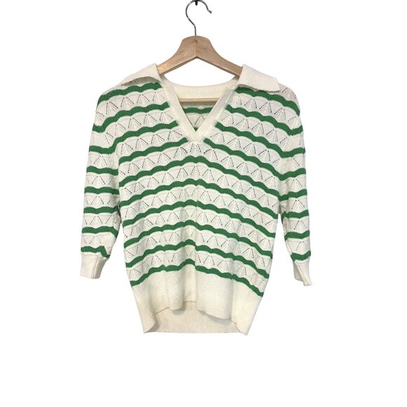 Sandro Polo Sweater Lilo Ecru/ Green Striped Pointelle Knit Size 4 luxury - Picture 1 of 7